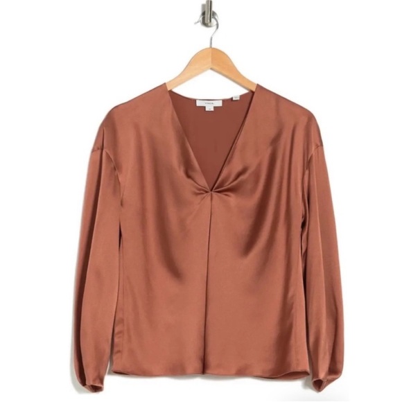 Vince 100% silk beautiful color shiny rust V-neck long sleeve - Picture 3 of 3